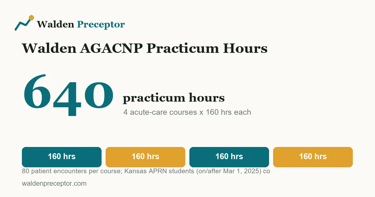 Breakdown showing the Walden AGACNP practicum total of 640 hours as four acute-care courses of 160 hours each, with 80 patient encounters per course.